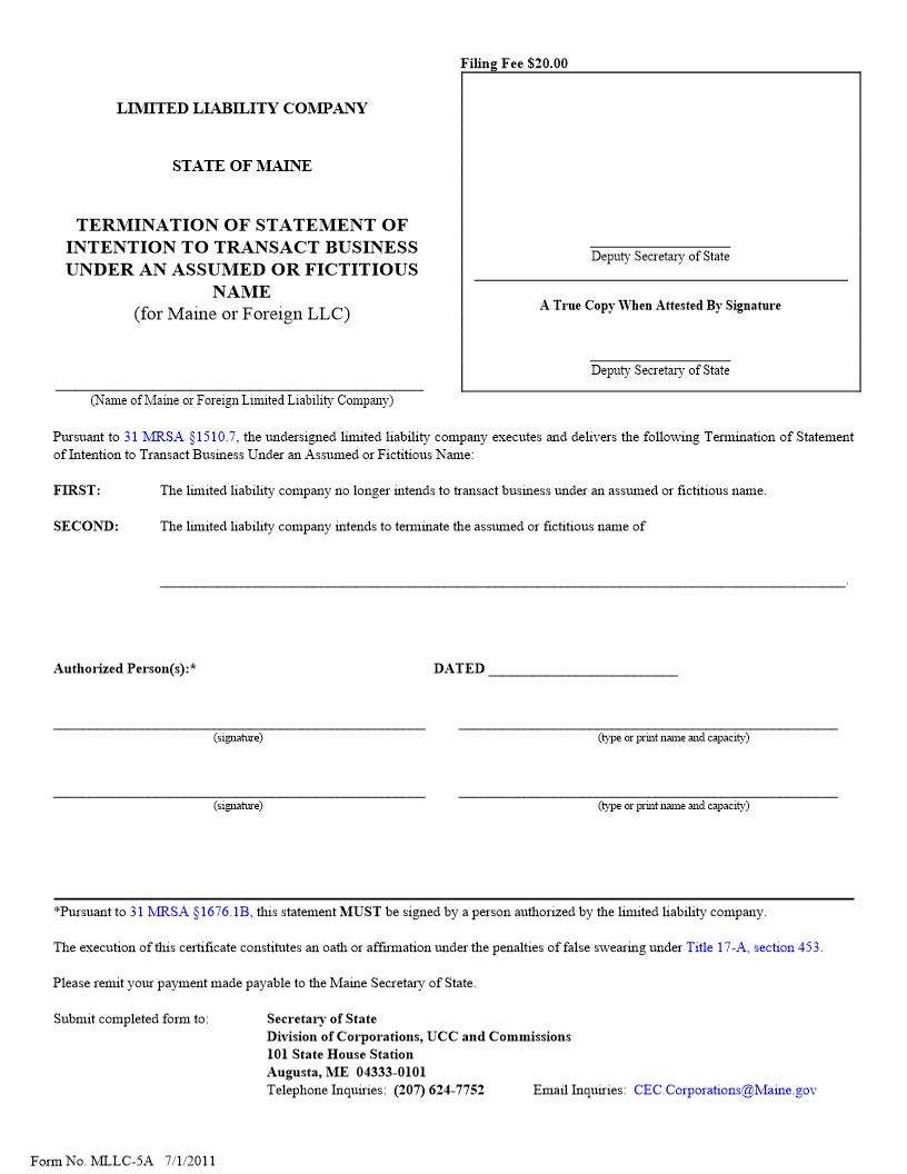 Termination Of Statement Of Intention To Do Business Under Assumed Or Fictitious Name {MLLC-5A} | Pdf Fpdf Doc Docx | Maine