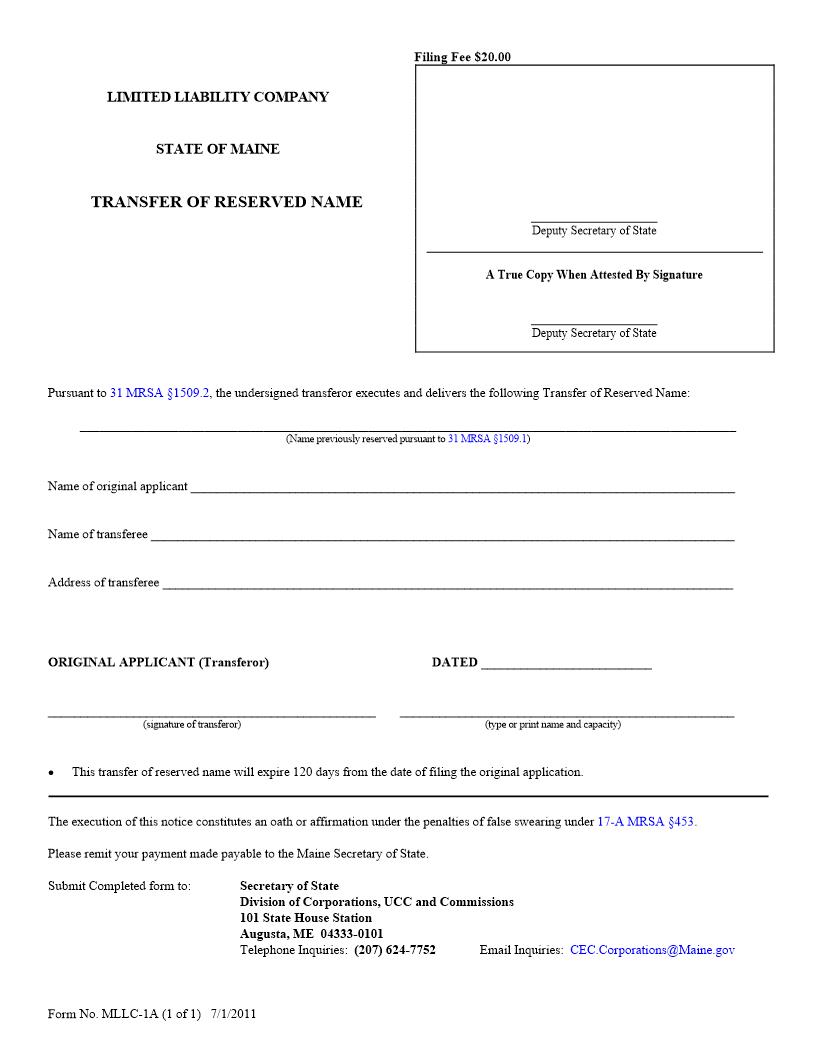 Transfer Of Reserved Name {MLLC-1A} | Pdf Fpdf Doc Docx | Maine