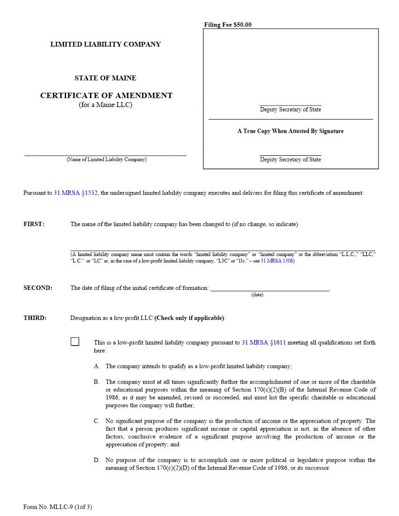 Certificate Of Amendment {MLLC-9} | Pdf Fpdf Doc Docx | Maine