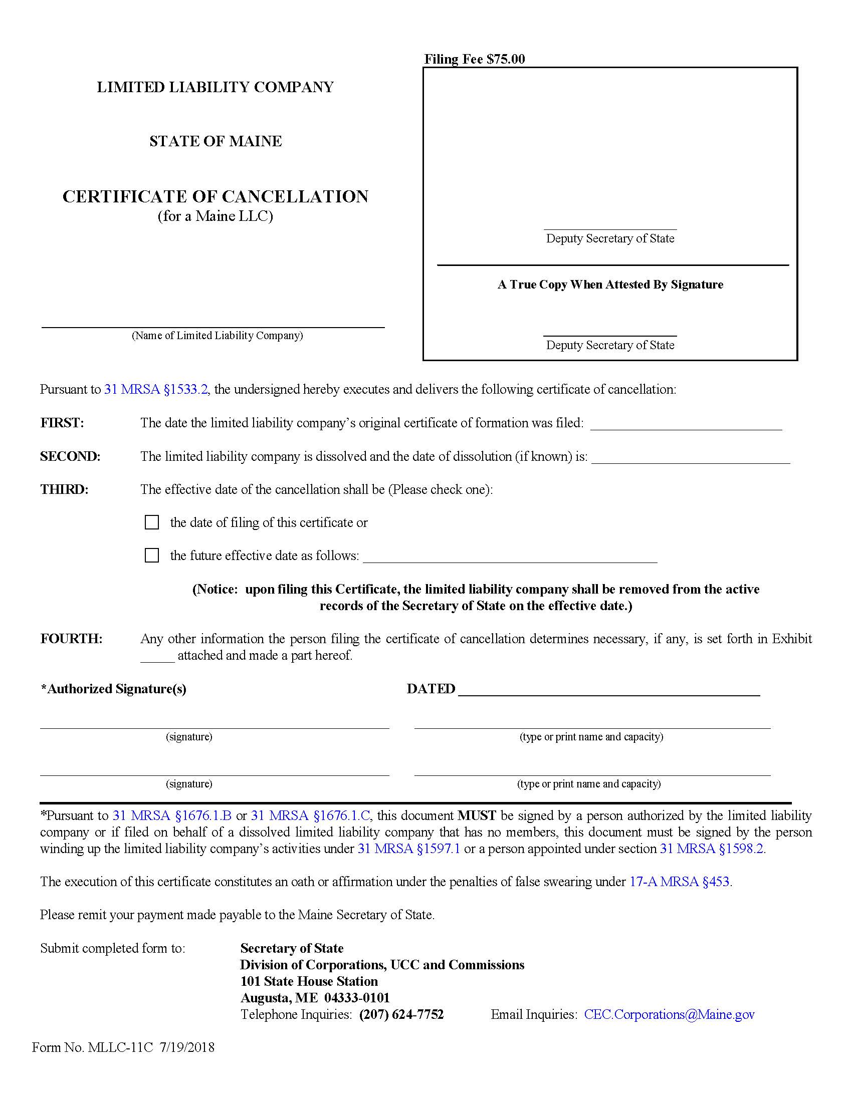 Certificate Of Cancellation Of Articles Of Organization {MLLC-11C} | Pdf Fpdf Docx | Maine