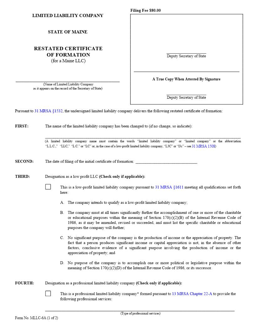 Restated Certificate Of Organization {MLLC-6A} | Pdf Fpdf Doc Docx | Maine