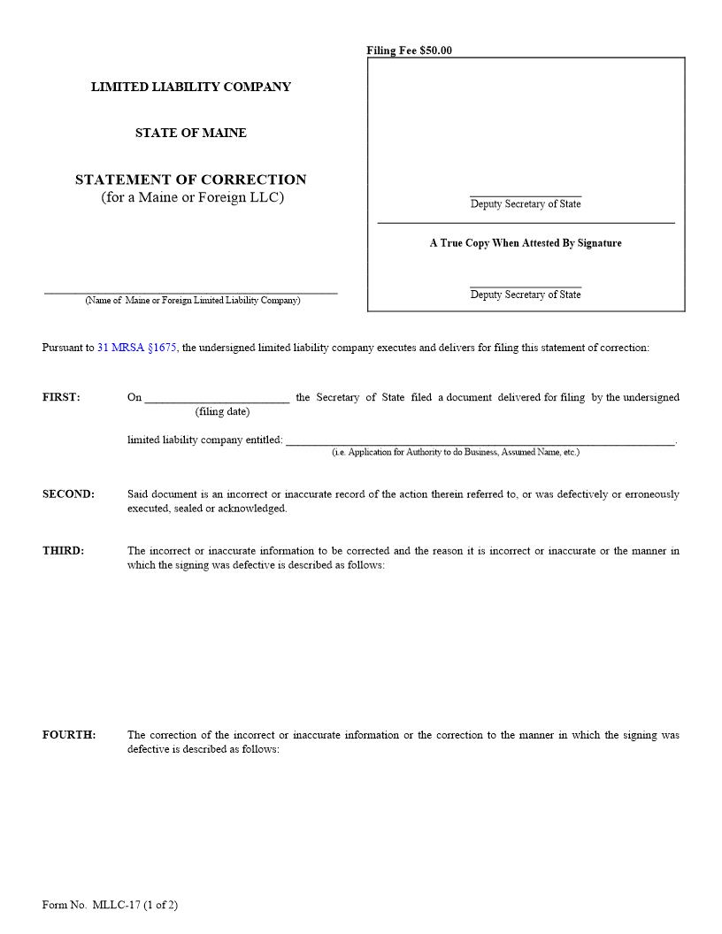 Statement Of Correction {MLLC-17} | Pdf Fpdf Doc Docx | Maine