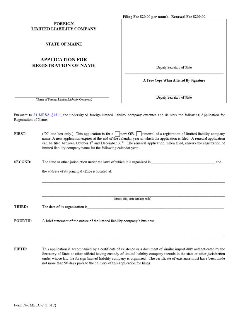 Application For Registration Of Name {MLLC-2} | Pdf Fpdf Doc Docx | Maine