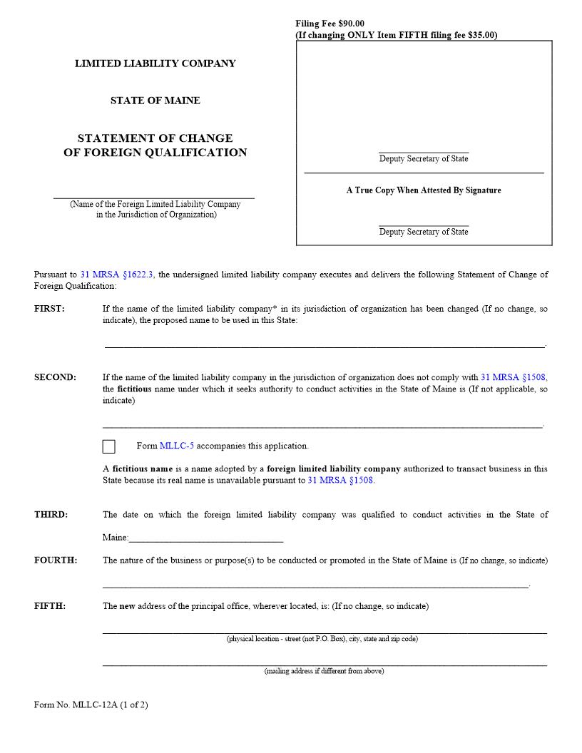 Statement Of Change Of Foreign Qualification {MLLC-12A} | Pdf Fpdf Doc Docx | Maine