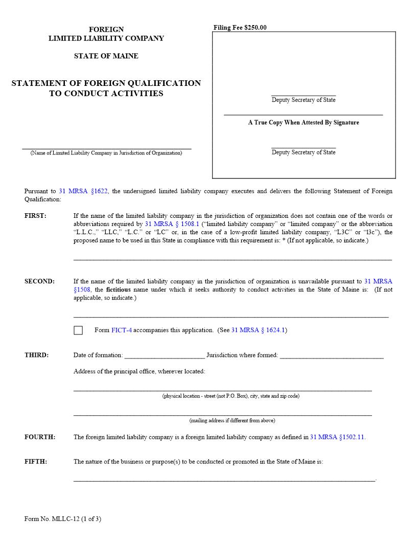 Statement Of Foreign Qualification To Conduct Activities {MLLC-12} | Pdf Fpdf Doc Docx | Maine