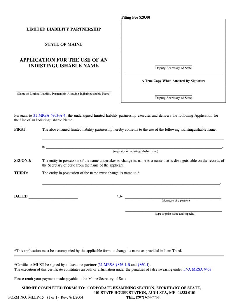 Application For Use Of Indistinguishable Name {MLLP-15} | Pdf Fpdf Doc Docx | Maine