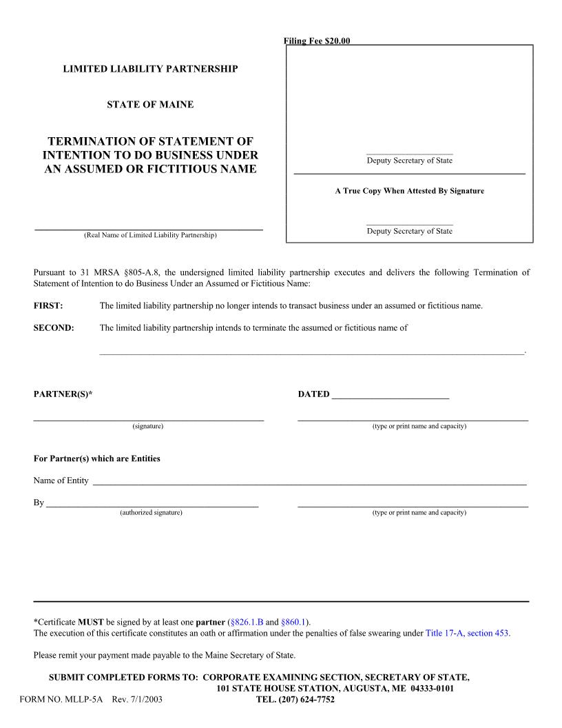 Termination Of Statement Of Intention To Do Business Under Assumed Or Fictitious Name {MLLP-5A} | Pdf Fpdf Doc Docx | Maine