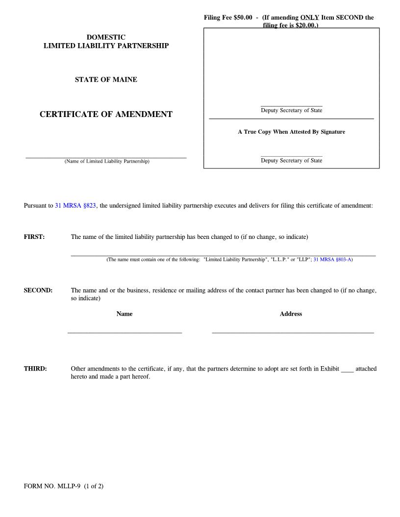 Certificate Of Amendment {MLLP-9} | Pdf Fpdf Doc Docx | Maine