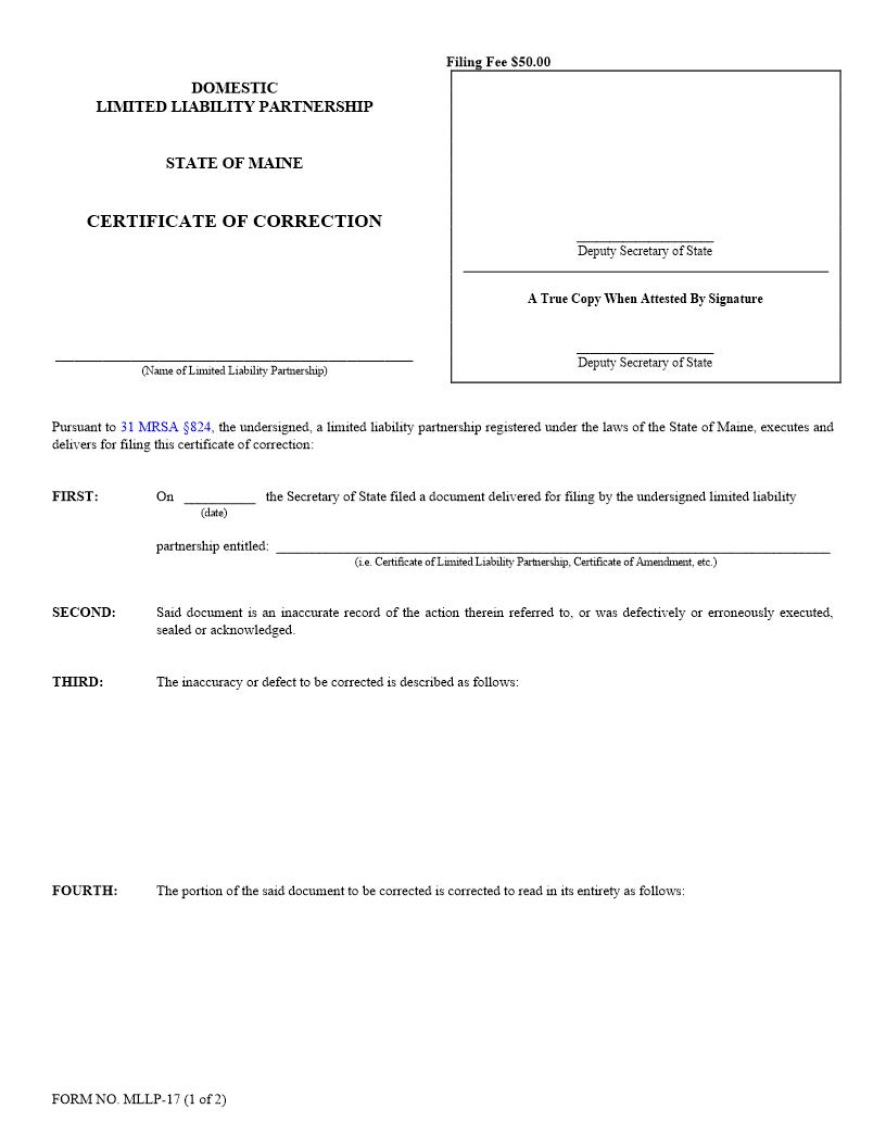 Certificate Of Correction {MLLP-17} | Pdf Fpdf Doc Docx | Maine