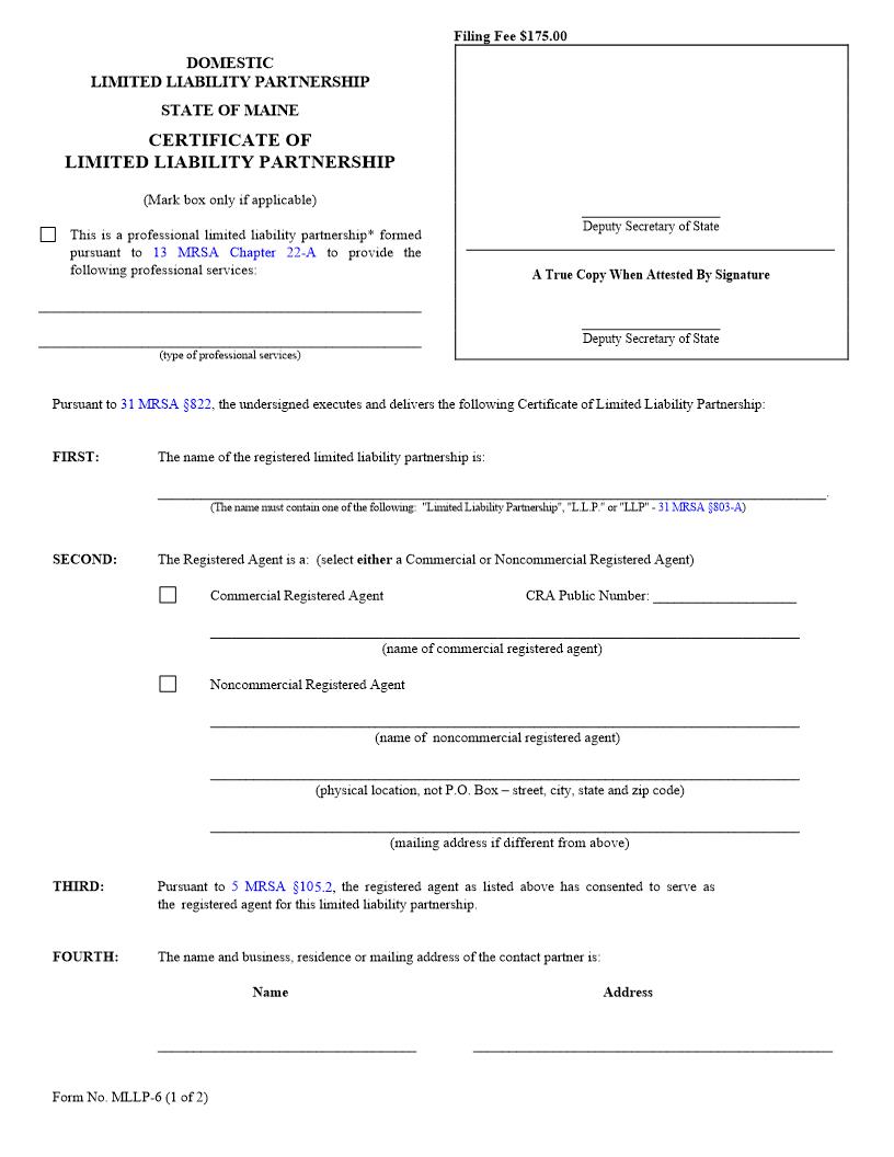 Certificate Of Limited Liability Partnership {MLLP-6} | Pdf Fpdf Doc Docx | Maine