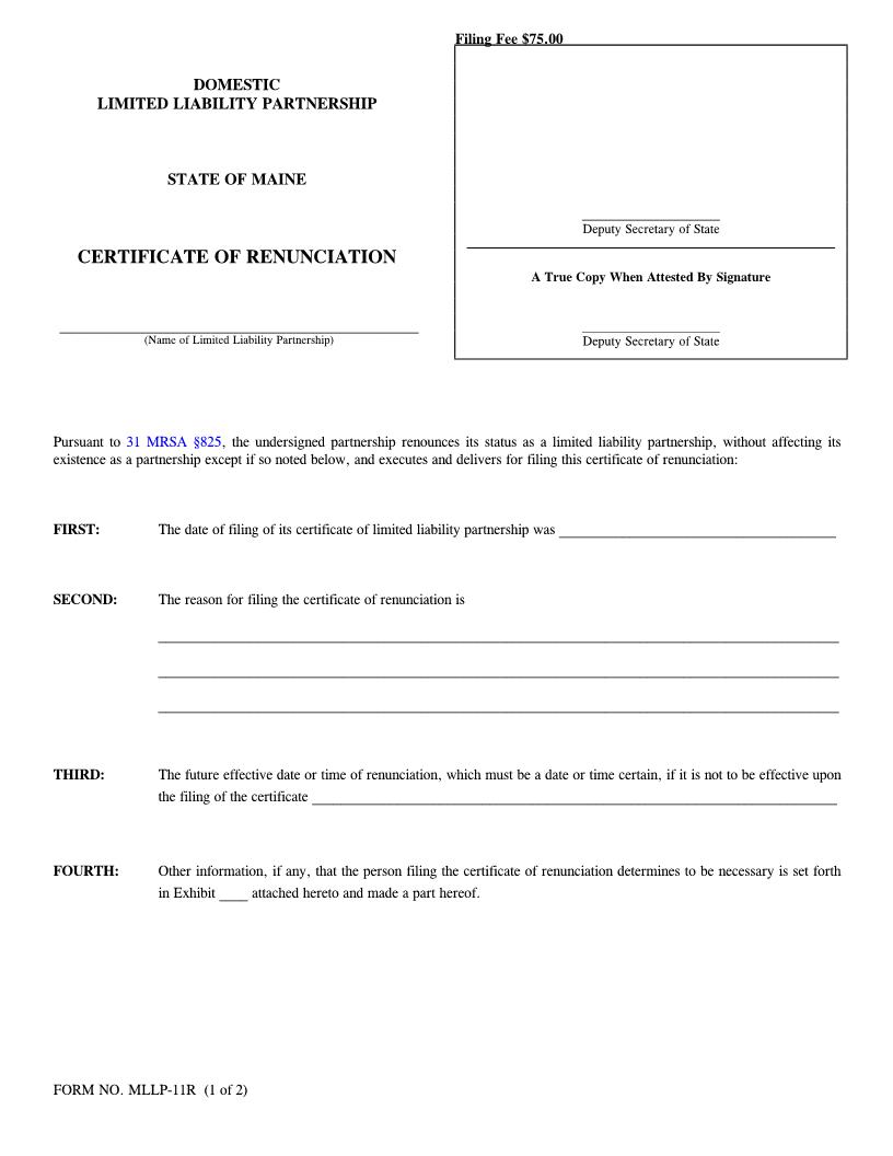 Certificate Of Renunciation {MLLP-11R} | Pdf Fpdf Doc Docx | Maine