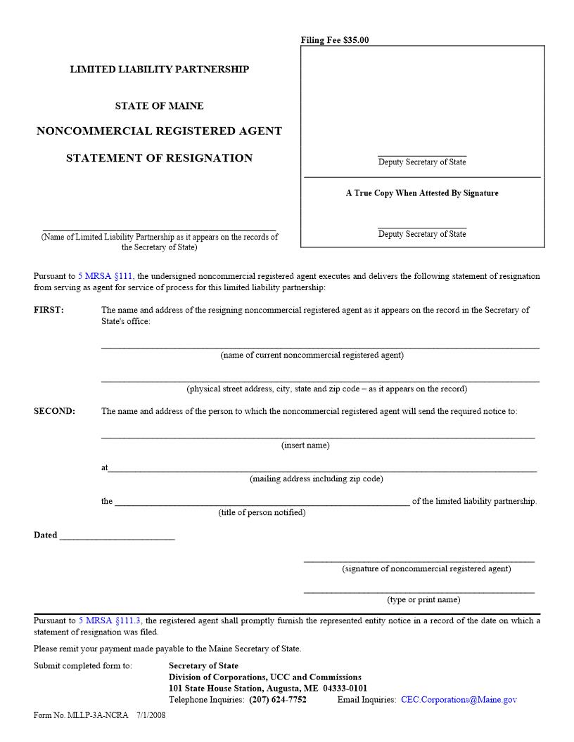 Noncommercial Registered Agent Statement Of Resignation {MLLP-3A-NCRA} | Pdf Fpdf Doc Docx | Maine
