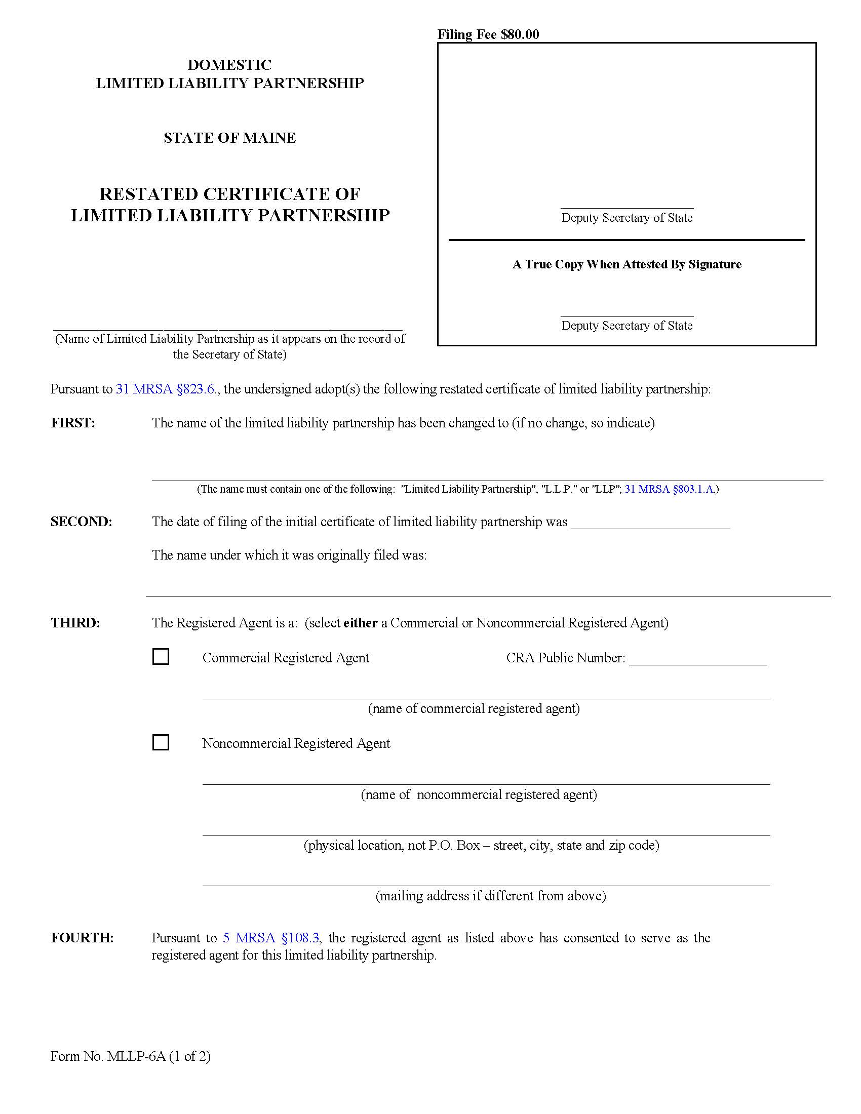Restated Certificate Of Limited Liability Partnership {MLLP-6A} | Pdf Fpdf Doc Docx | Maine