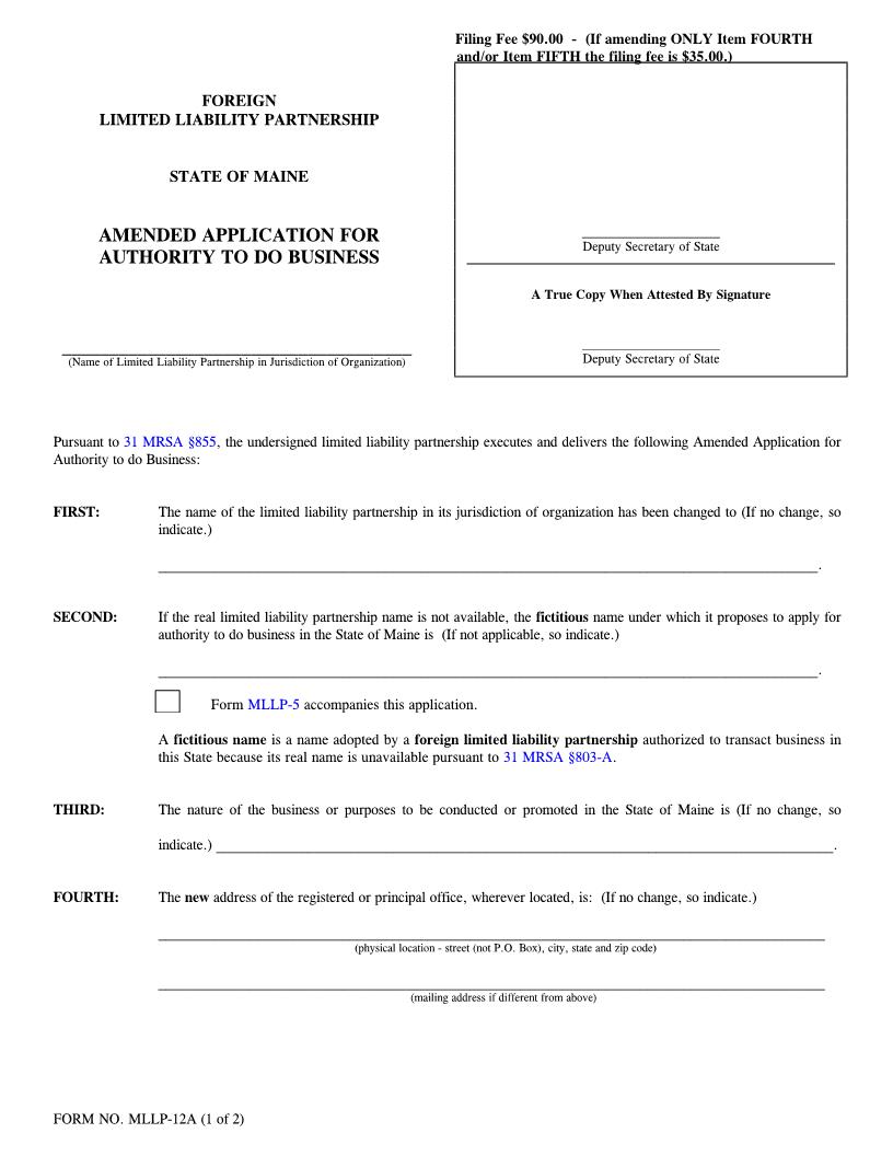 Amended Application For Authority To Do Business {MLLP-12A} | Pdf Fpdf Doc Docx | Maine