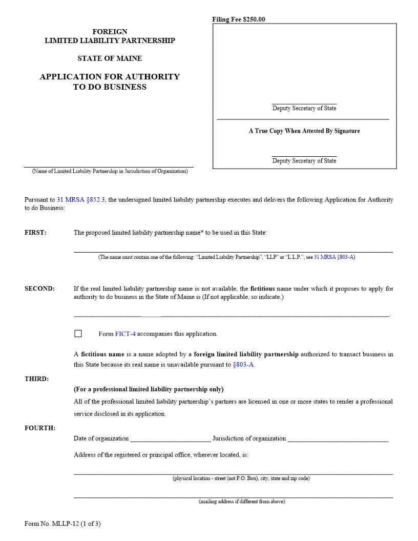 Application For Authority To Do Business {MLLP-12} | Pdf Fpdf Doc Docx | Maine