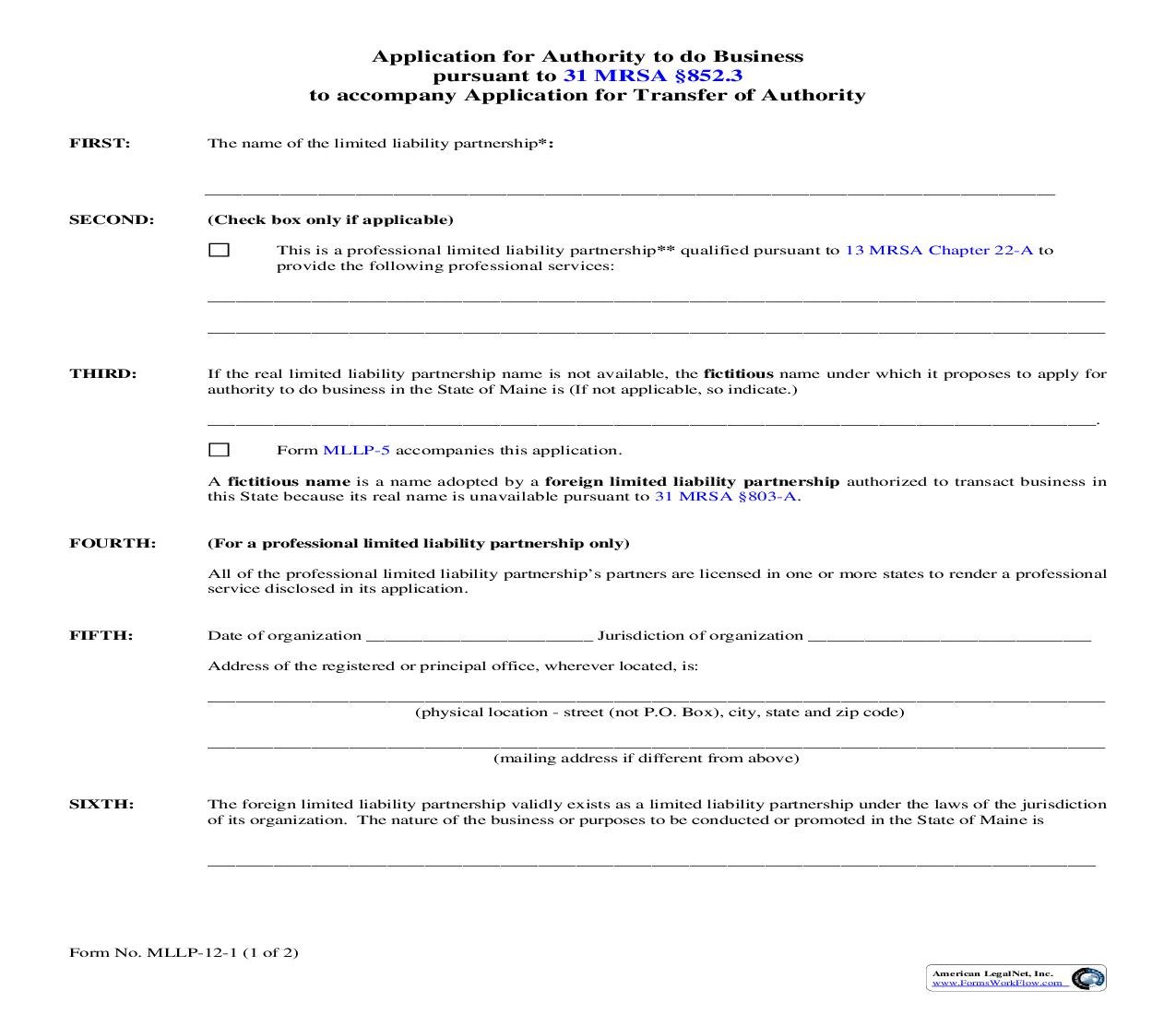 Application For Authority To Do Business To Accompany Application For Transfer Of Authority {MLLP-12-1} | Pdf Fpdf Doc Docx | Maine