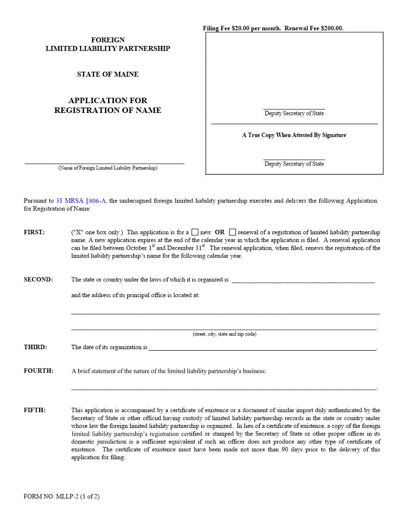 Application For Registration Of Name {MLLP-2} | Pdf Fpdf Doc Docx | Maine