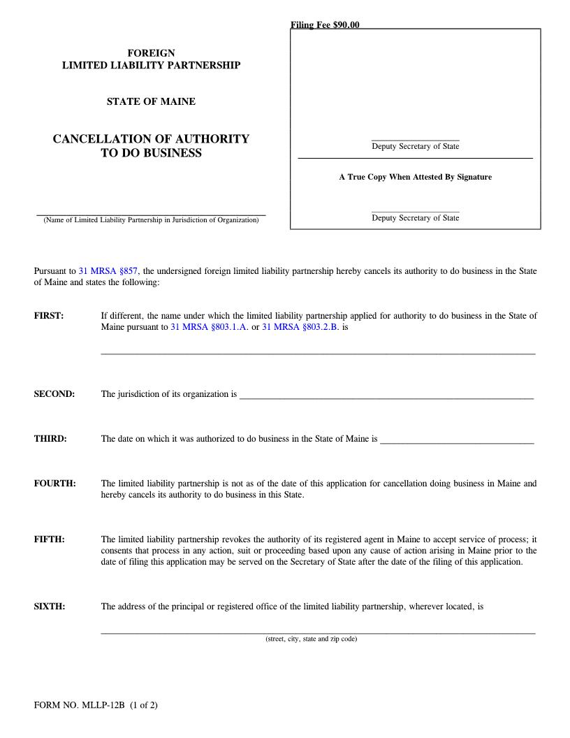 Cancellation Of Authority To Do Business {MLLP-12B} | Pdf Fpdf Doc Docx | Maine