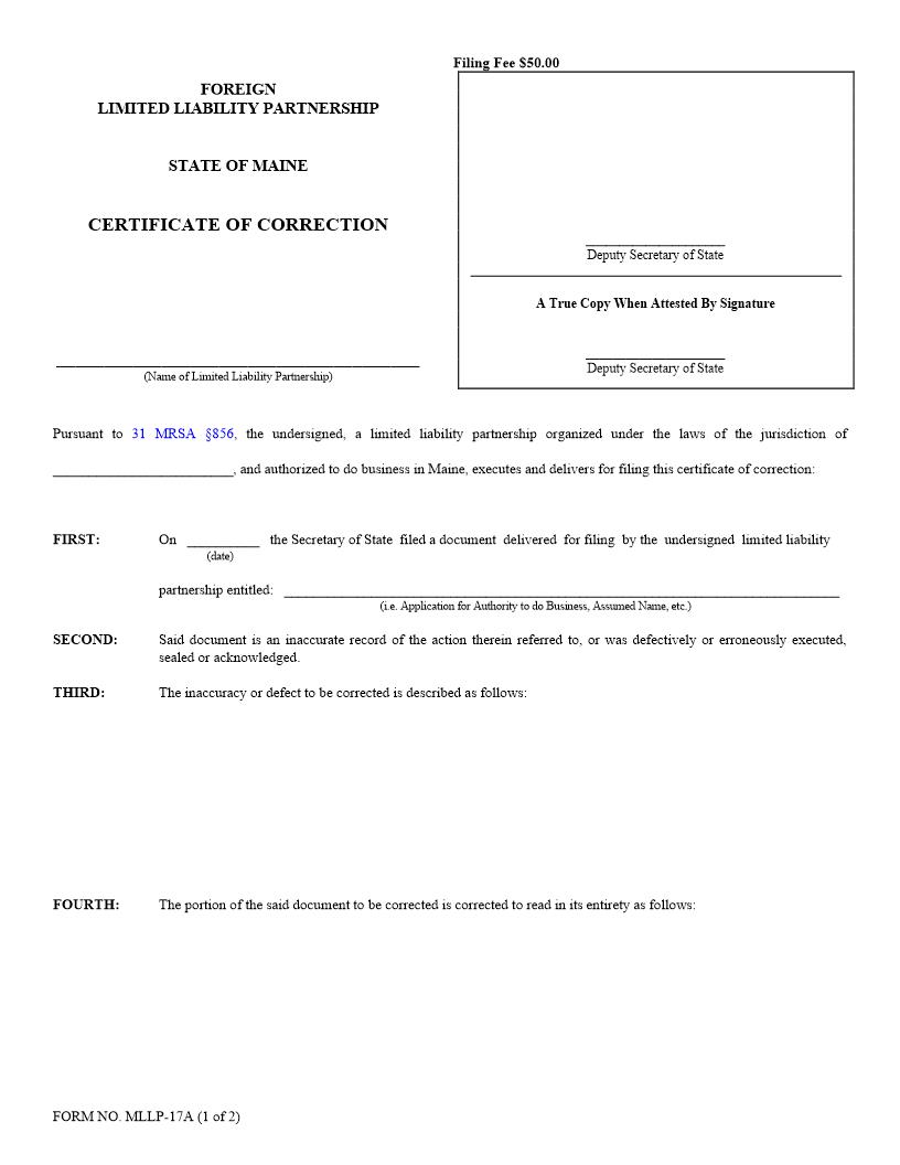 Certificate Of Correction {MLLP-17A} | Pdf Fpdf Doc Docx | Maine