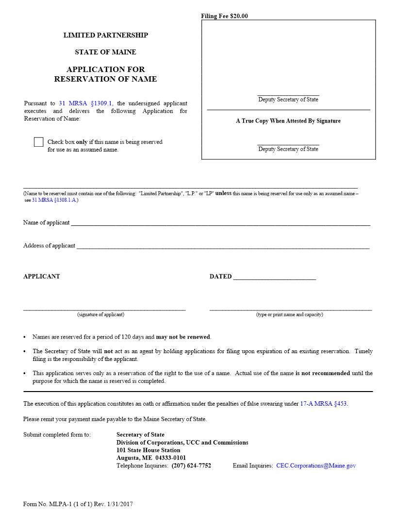 Application For Reservation Of Name {MLPA-1} | Pdf Fpdf Doc Docx | Maine