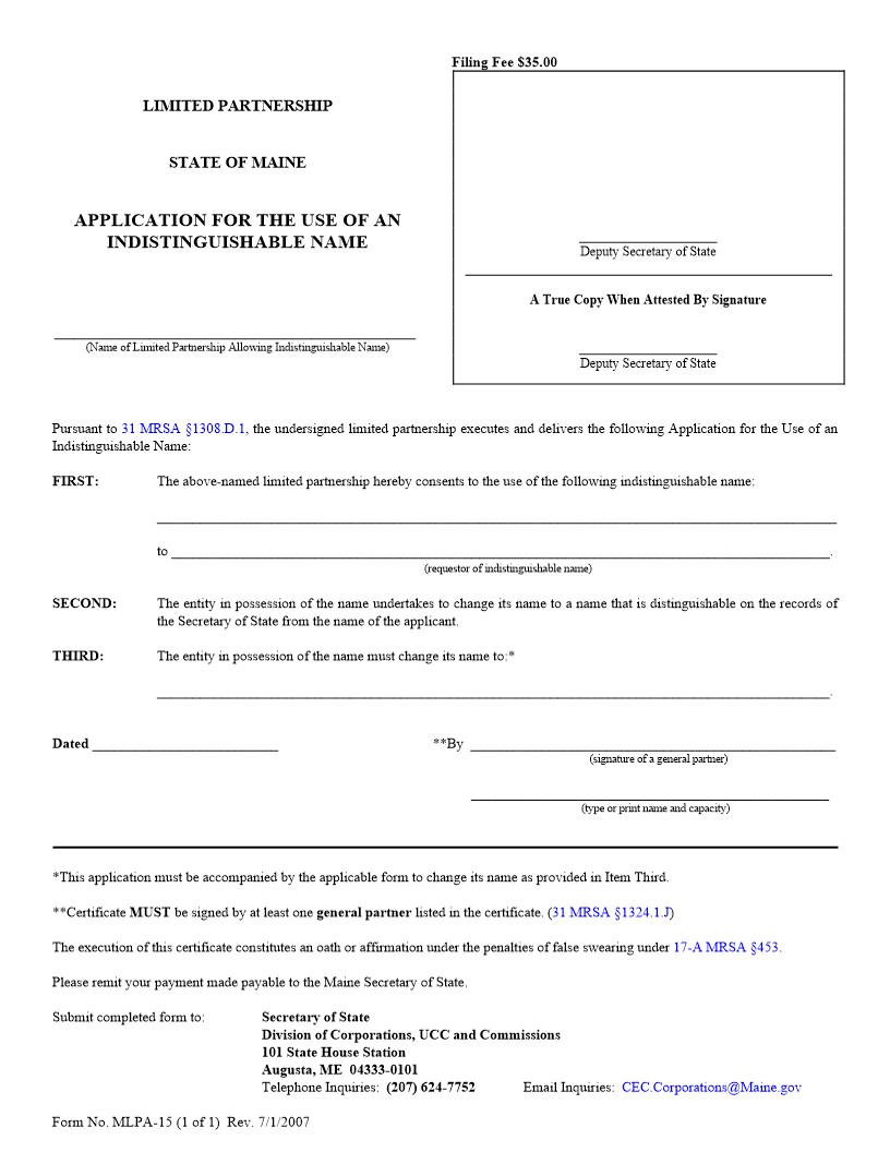 Application For Use Of Indistinguishable Name {MLPA-15} | Pdf Fpdf Doc Docx | Maine
