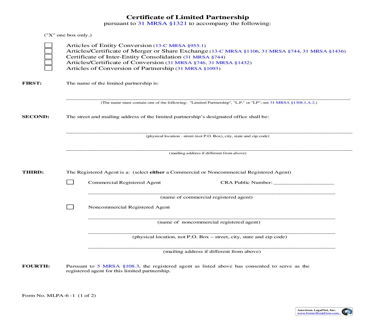 Certificate Of Limited Partnership {MLPA 6-1} | Pdf Fpdf Doc Docx | Maine