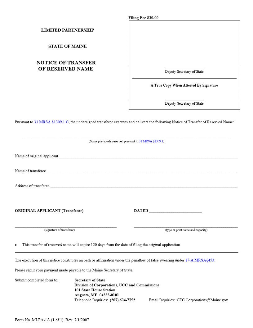 Notice Of Transfer Of Reserved Name {MLPA-1A} | Pdf Fpdf Doc Docx | Maine