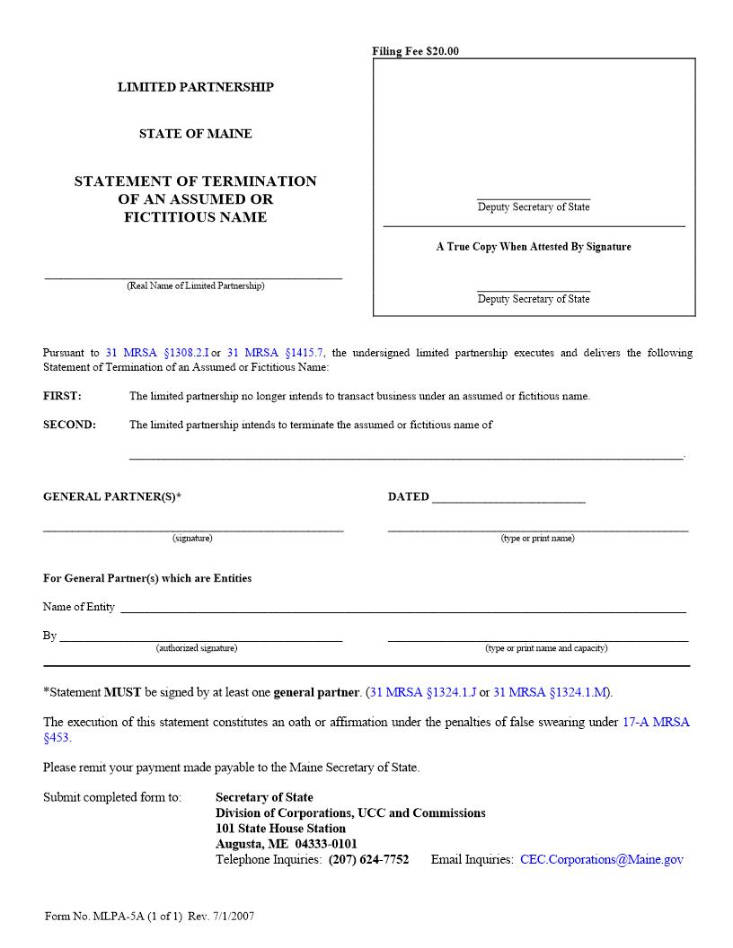 Statement Of Termination Of An Assumed Or Fictitious Name {MLPA-5A} | Pdf Fpdf Doc Docx | Maine