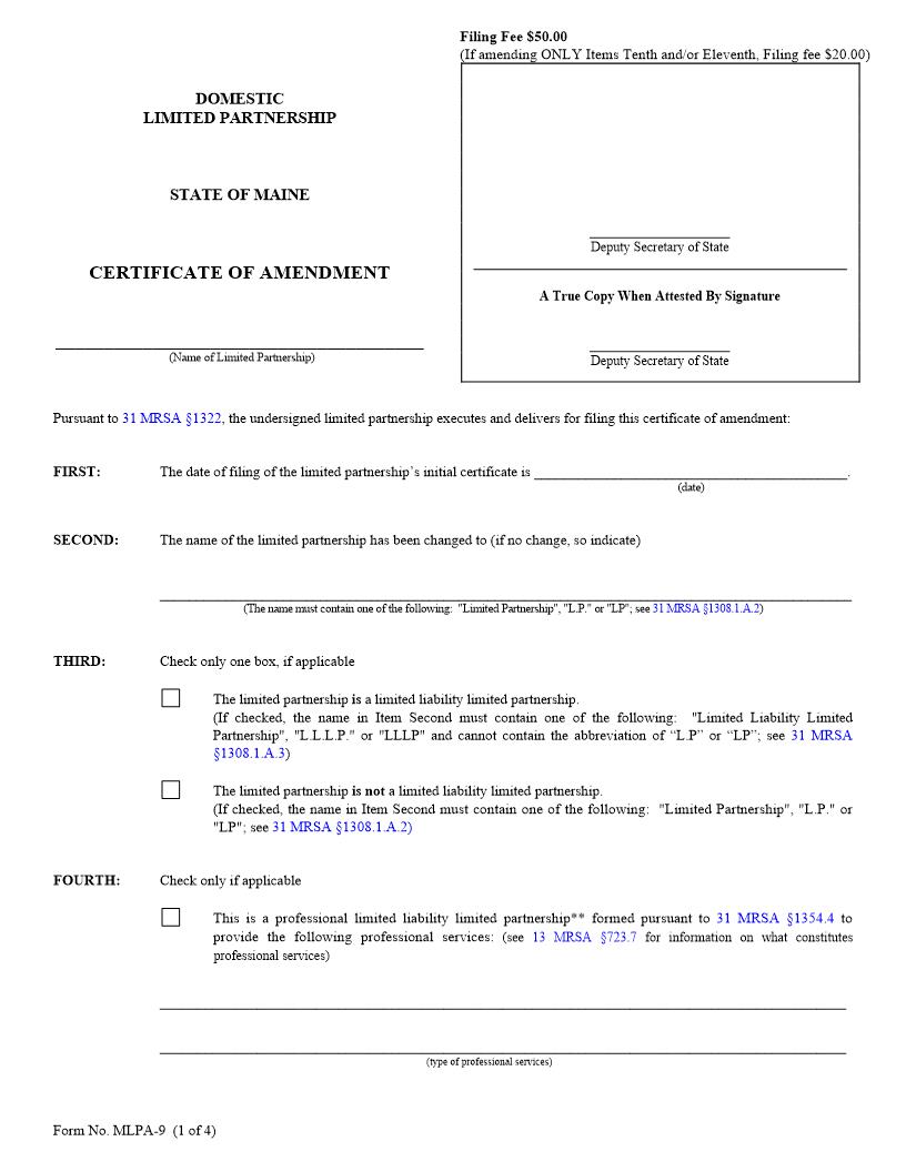 Certificate Of Amendment {MLPA-9} | Pdf Fpdf Doc Docx | Maine