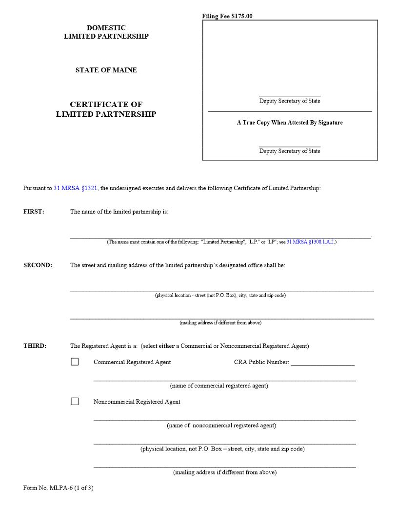 Certificate Of Limited Partnership {MLPA-6} | Pdf Fpdf Doc Docx | Maine