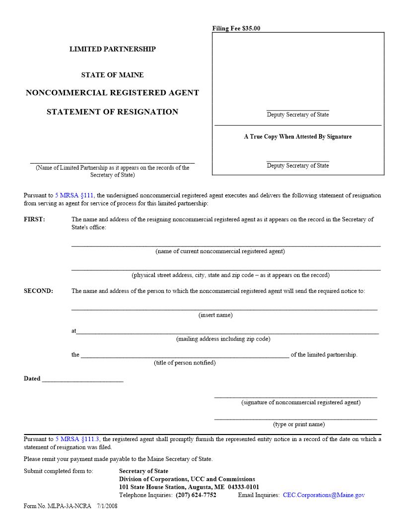 Statement Of Resignation Noncommercial Registered Agent {MLPA-3A-NCRA} | Pdf Fpdf Doc Docx | Maine