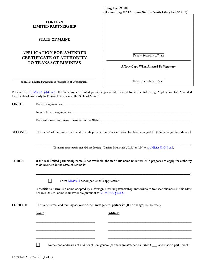 Application For Amended Certificate Of Authority To Transact Business {MLPA-12A} | Pdf Fpdf Doc Docx | Maine