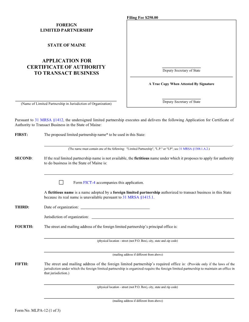 Application For Certificate Of Authority To Transact Business {MLPA-12} | Pdf Fpdf Doc Docx | Maine