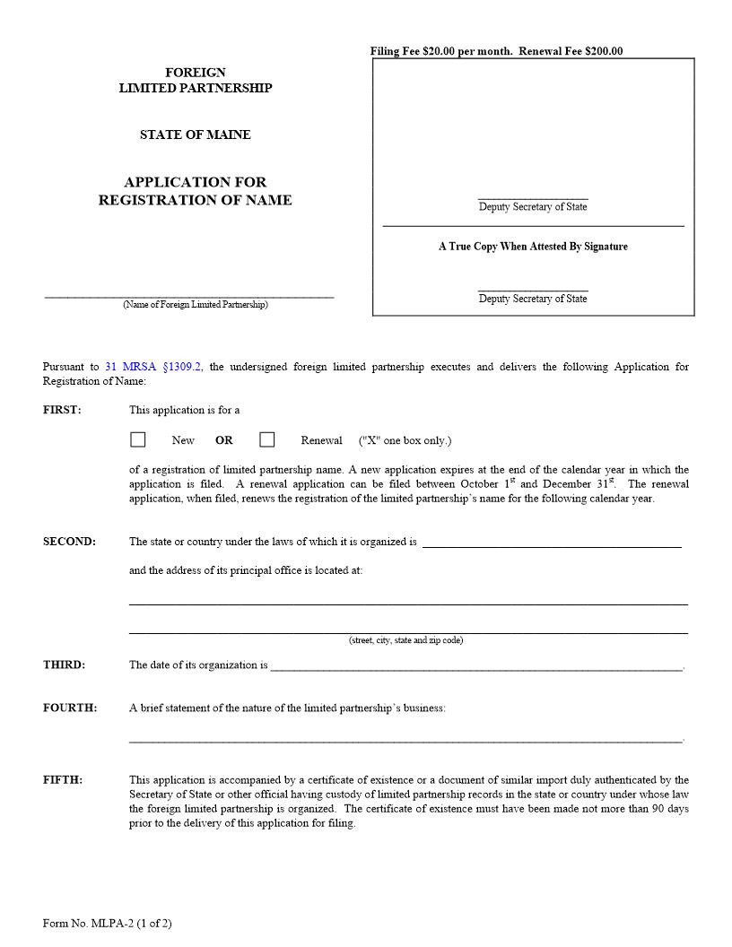 Application For Registration Of Name {MLPA-2} | Pdf Fpdf Doc Docx | Maine