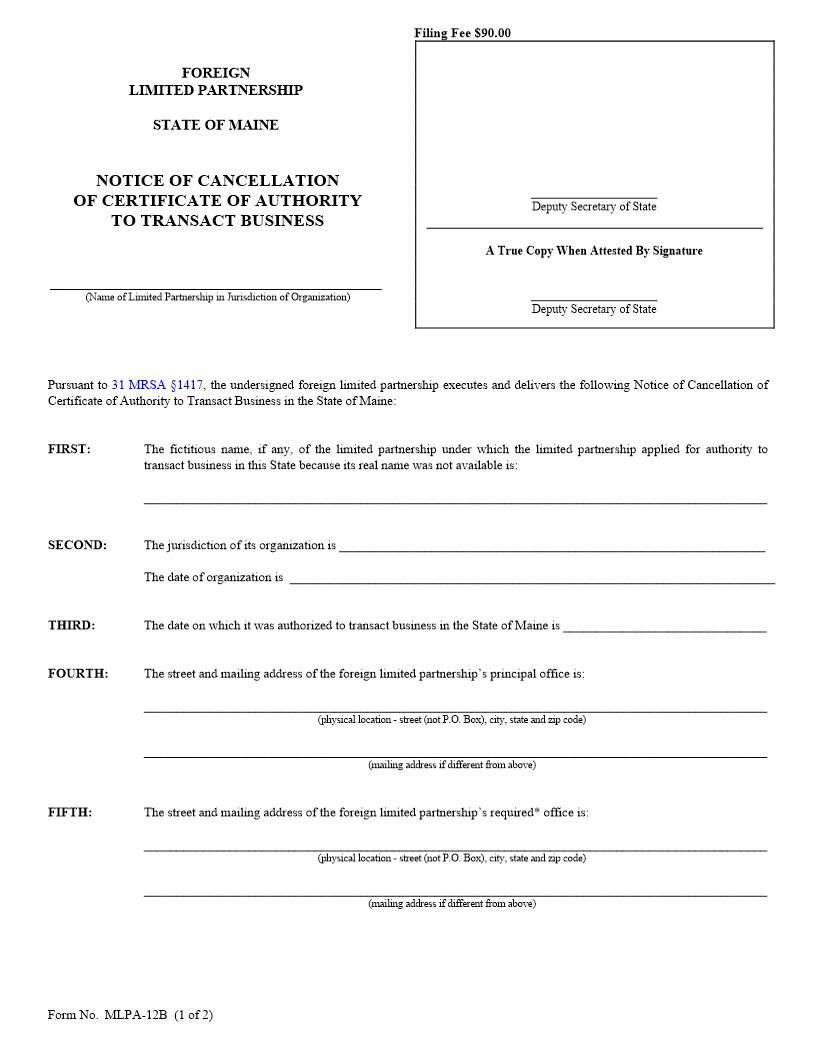 Notice Of Cancellation Of Certificate Of Authority To Transact Business {MLPA-12B} | Pdf Fpdf Doc Docx | Maine