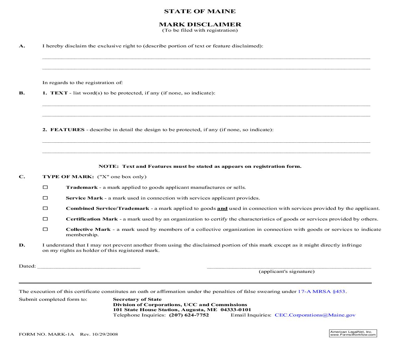 Mark Disclaimer {MARK-1A} | Pdf Fpdf Doc Docx | Maine