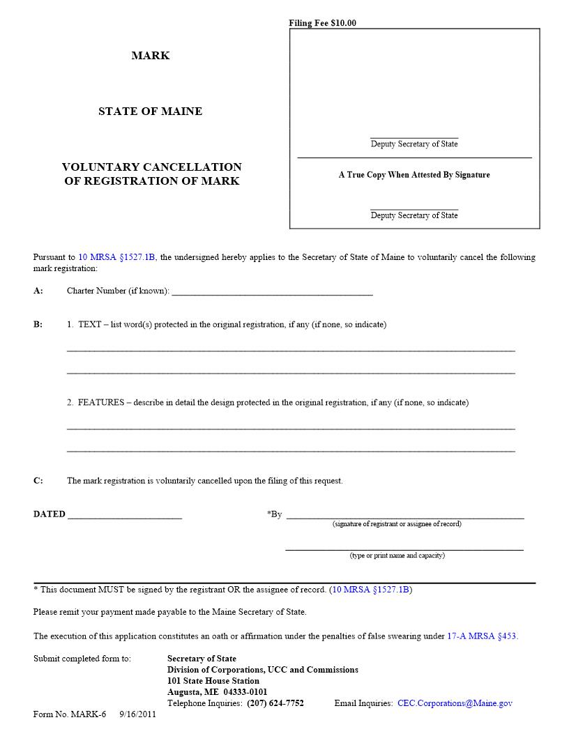 Voluntary Cancellation Of Registration Of Mark {MARK-6} | Pdf Fpdf Doc Docx | Maine