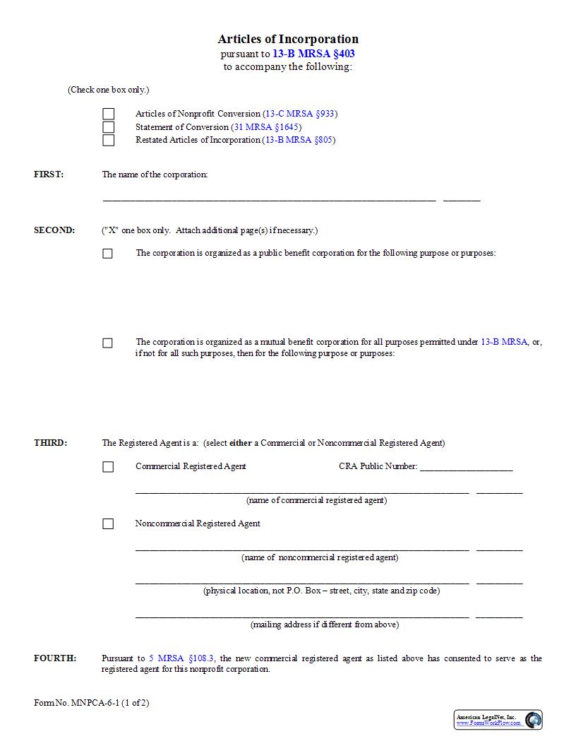 Articles Of Incorporation To Accompany Articles Of Nonprofit Conversion {MNPCA-6-1} | Pdf Fpdf Docx | Maine