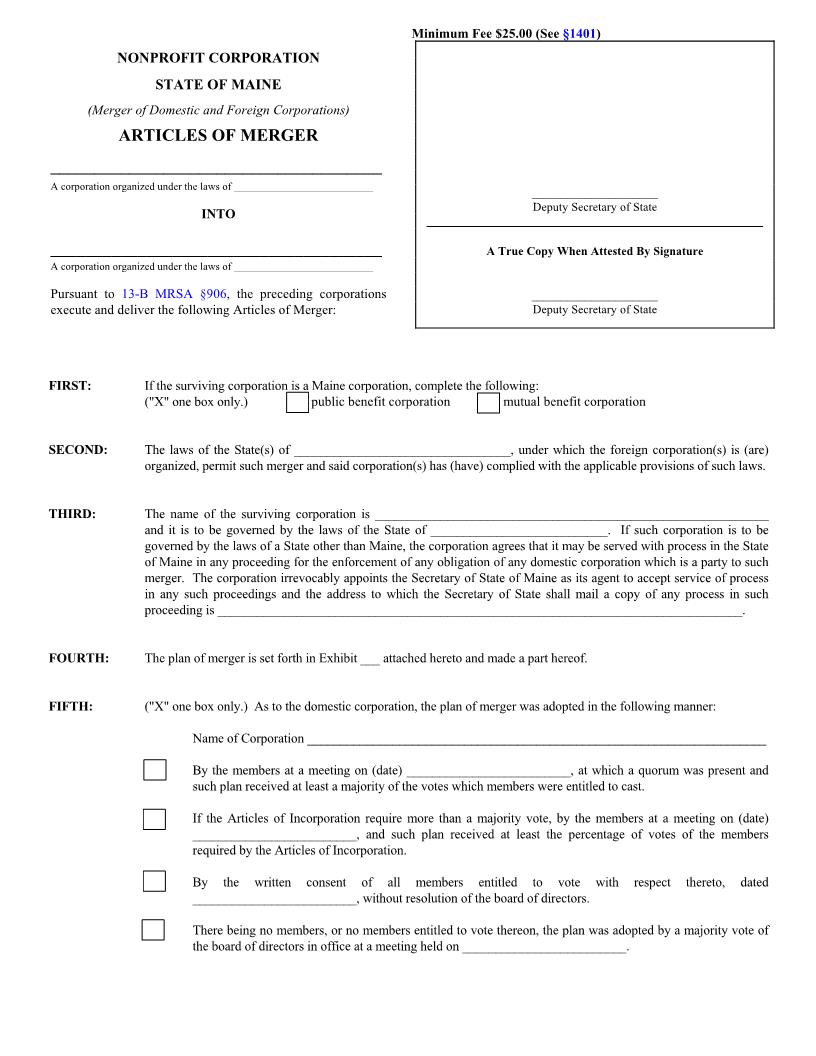 Articles Of Merger {MNPCA-10C} | Pdf Fpdf Doc Docx | Maine