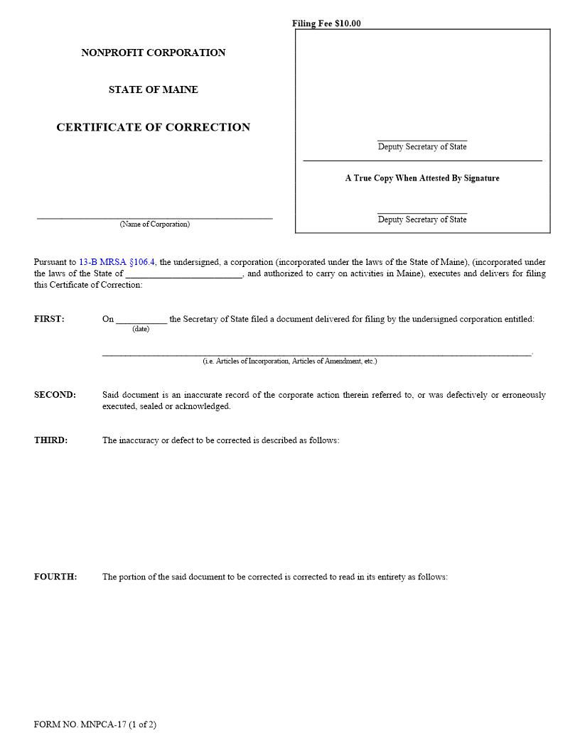 Certificate Of Correction {MNPCA-17} | Pdf Fpdf Doc Docx | Maine