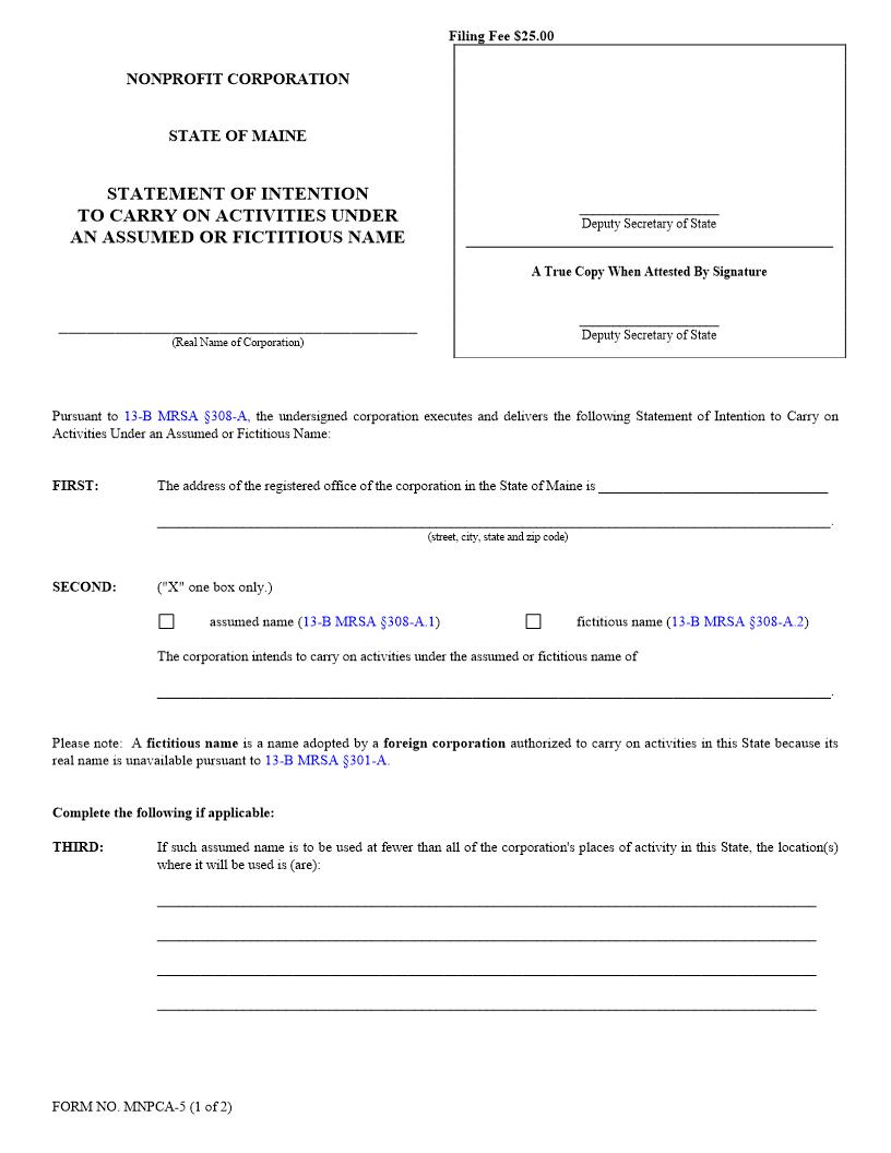 Statement Of Intention To Carry On Activities Under Assumed Or Fictitious Name {MNPCA-5} | Pdf Fpdf Doc Docx | Maine
