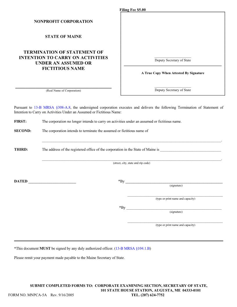 Termination Of Statement Of Intention To Carry On Activities Under Assumed Or Fictitious Name {MNPCA-5A} | Pdf Fpdf Doc Docx | Maine
