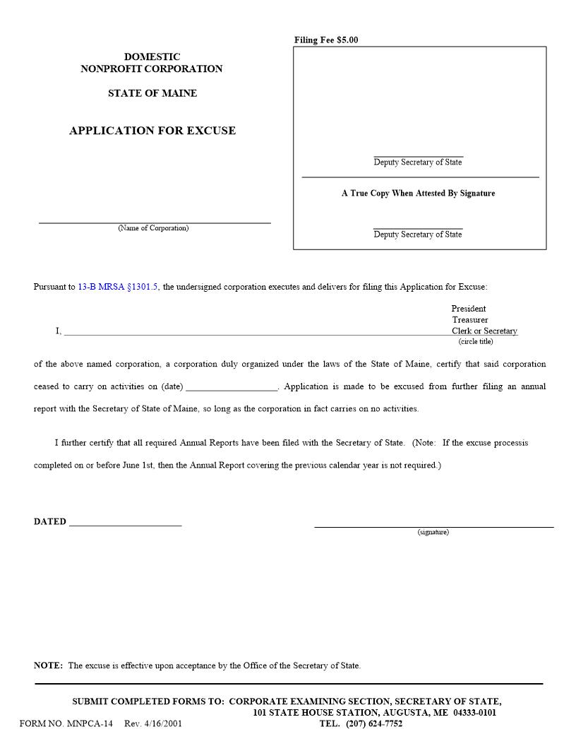 Application For Excuse {MNPCA-14} | Pdf Fpdf Docx | Maine