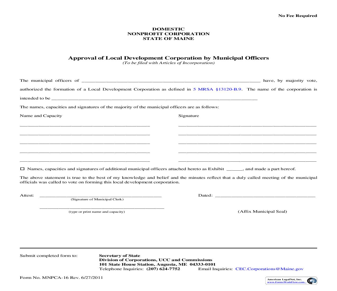 Approval Of Local Development Corporation By Municipal Officers {MNPCA-16} | Pdf Fpdf Doc Docx | Maine