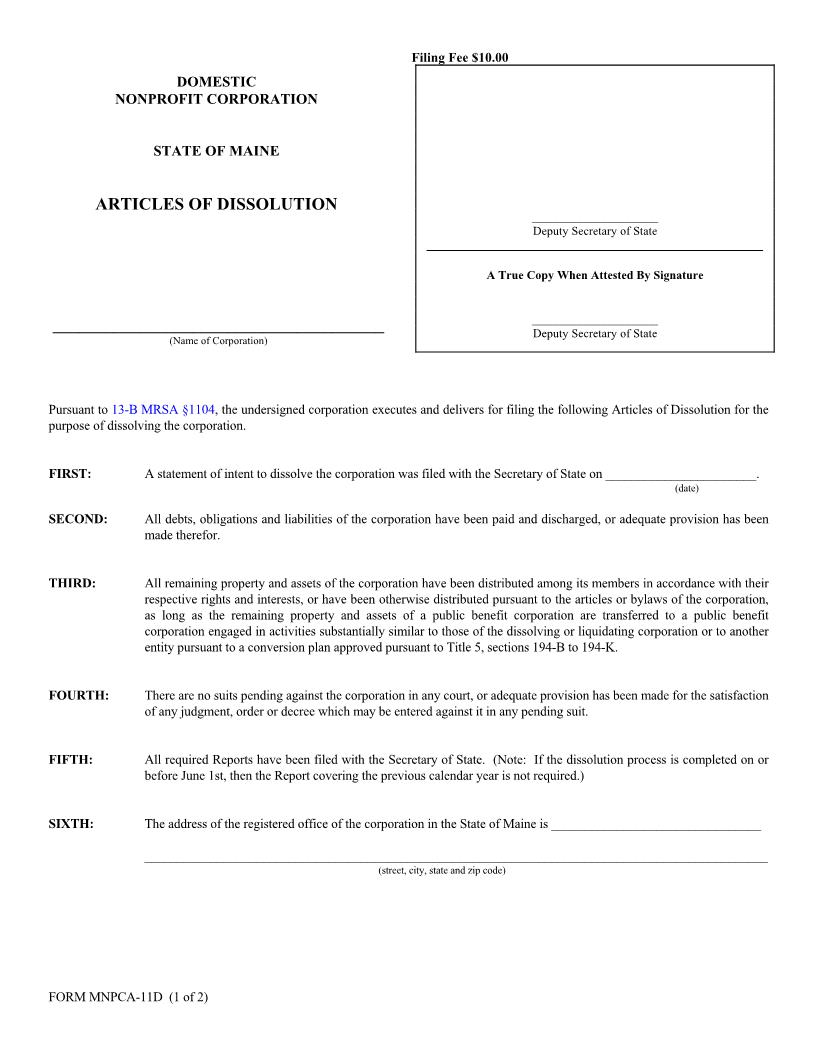 Articles Of Dissolution {MNPCA-11D} | Pdf Fpdf Doc Docx | Maine