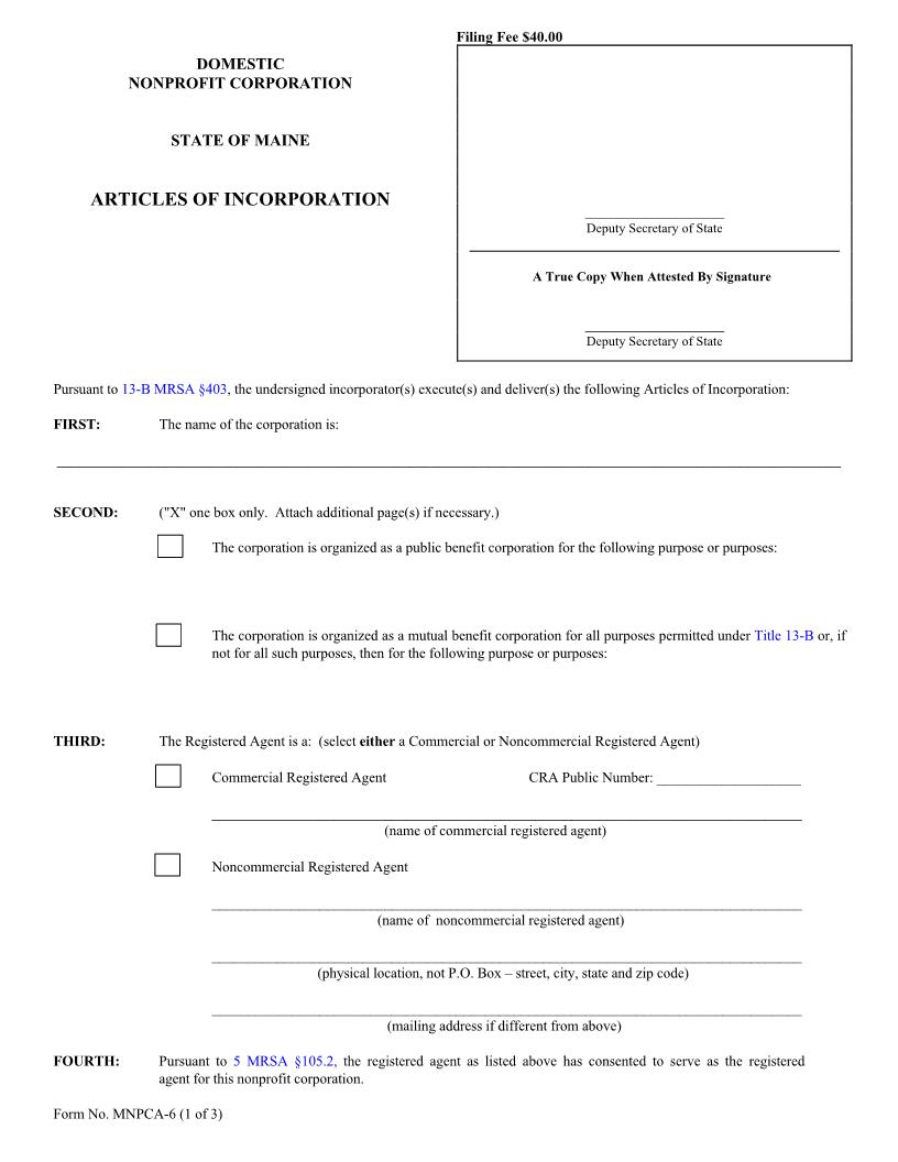 Articles Of Incorporation {MNPCA-6} | Pdf Fpdf Docx | Maine