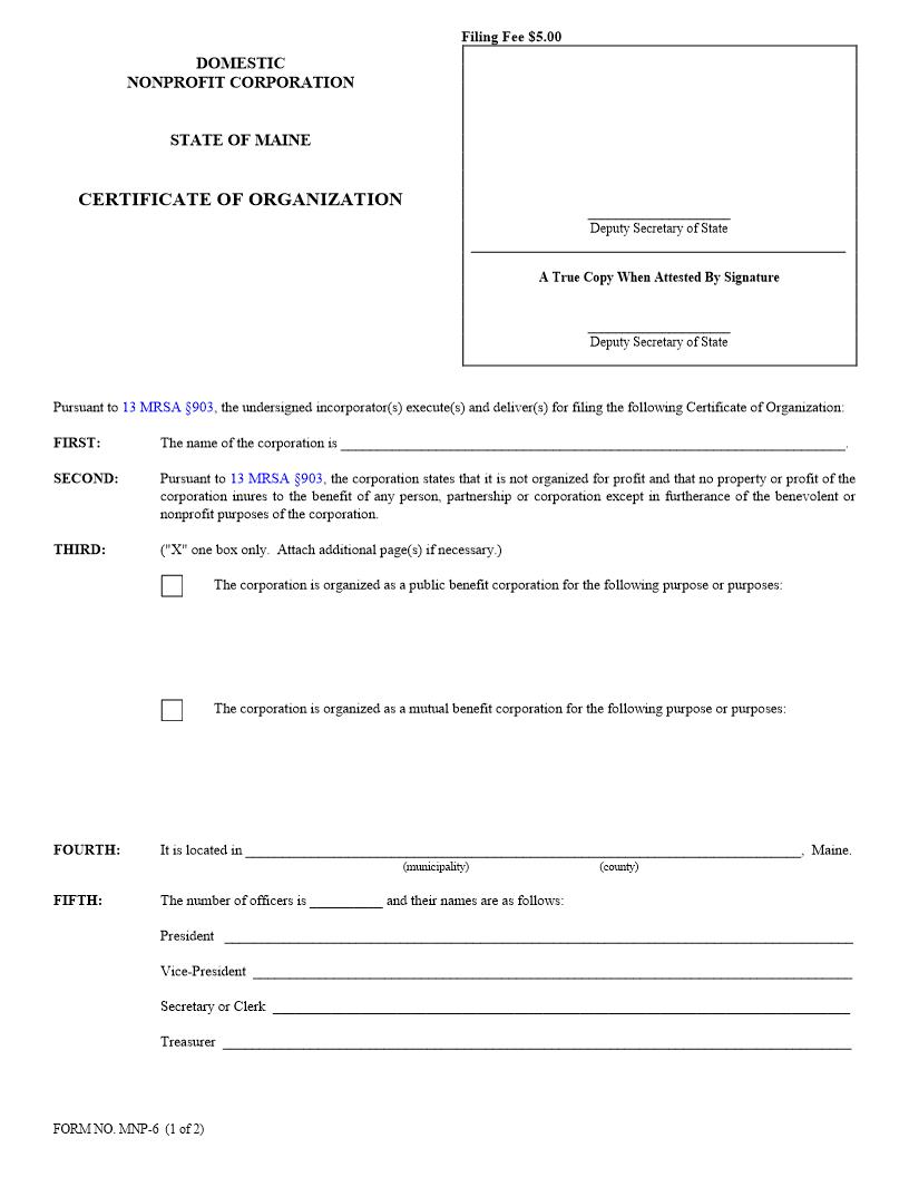 Certificate Of Organization {MNP-6} | Pdf Fpdf Docx | Maine