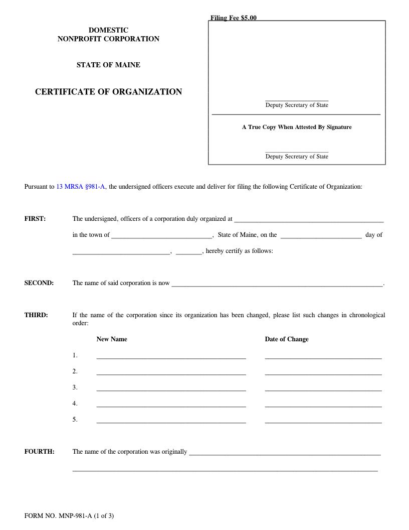 Certificate Of Organization {MNP-981-A} | Pdf Fpdf Doc Docx | Maine