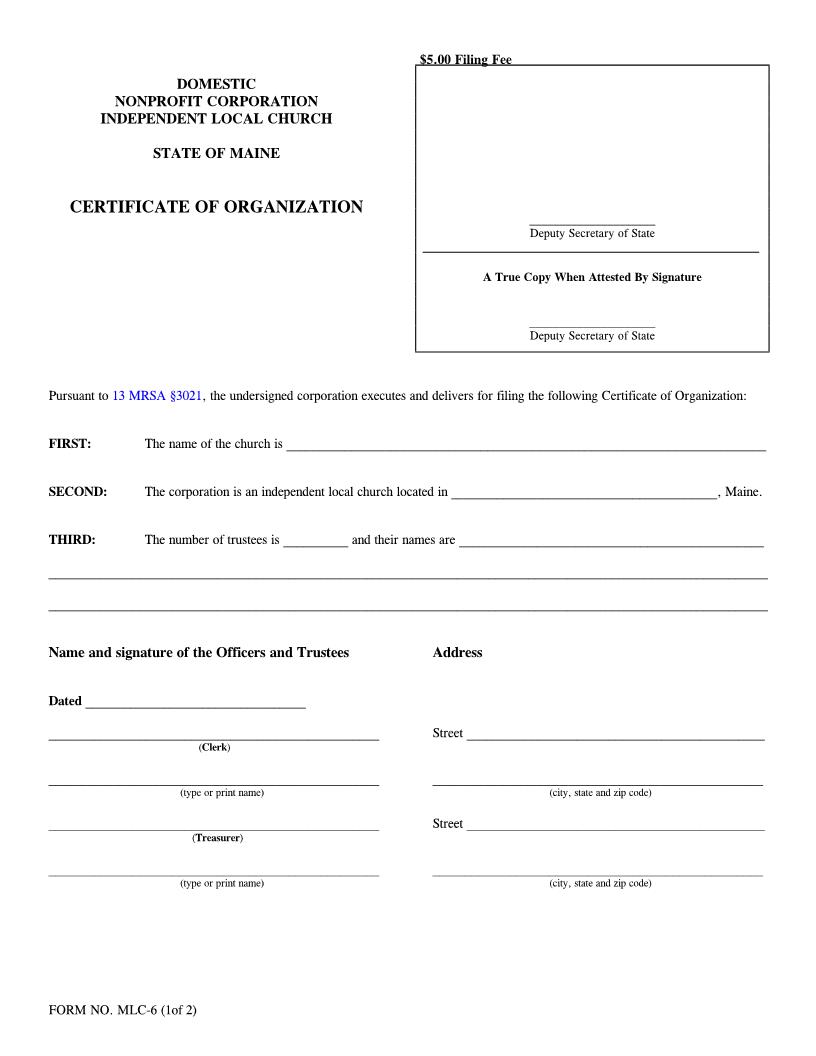Certificate Of Organization Independent Local Church {MLC-6} | Pdf Fpdf Doc Docx | Maine