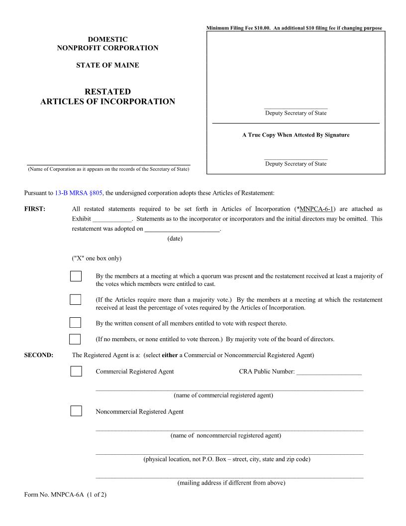 Restated Articles Of Incorporation {MNPCA-6A} | Pdf Fpdf Docx | Maine